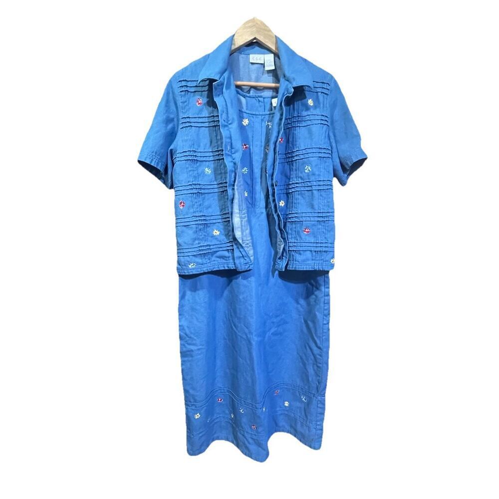 Vtg Cricket Lane Denim Jumper Dress W/Jacket Large Y2K Floral Embroidered Mature